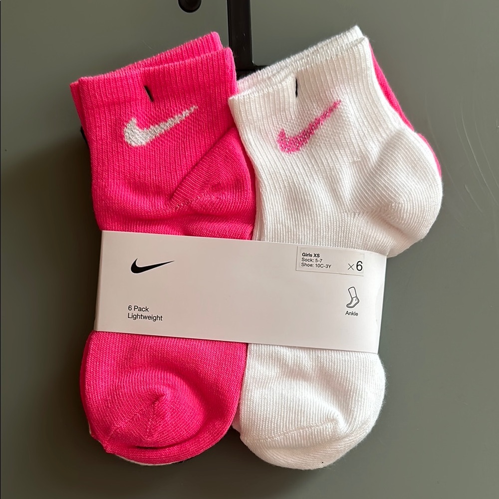 Nike Pink and White Ankle Socks - 6 Pack Girls XS